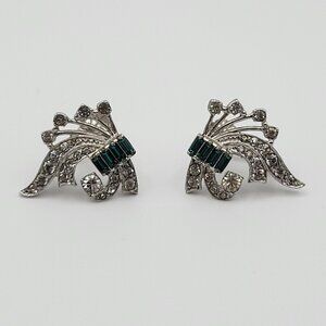 Otis Vintage Sterling Silver Clip On Earrings Emerald Green Rhinestone Signed